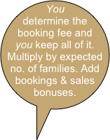 You determine the booking fee and you keep all of it. Multiply by expected no. of families. Add bookings & sales bonuses. over and above that.